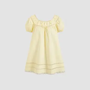 Cider 100% Cotton Lace Trim Bowknot Puff Sleeve Mini Babydoll Dress