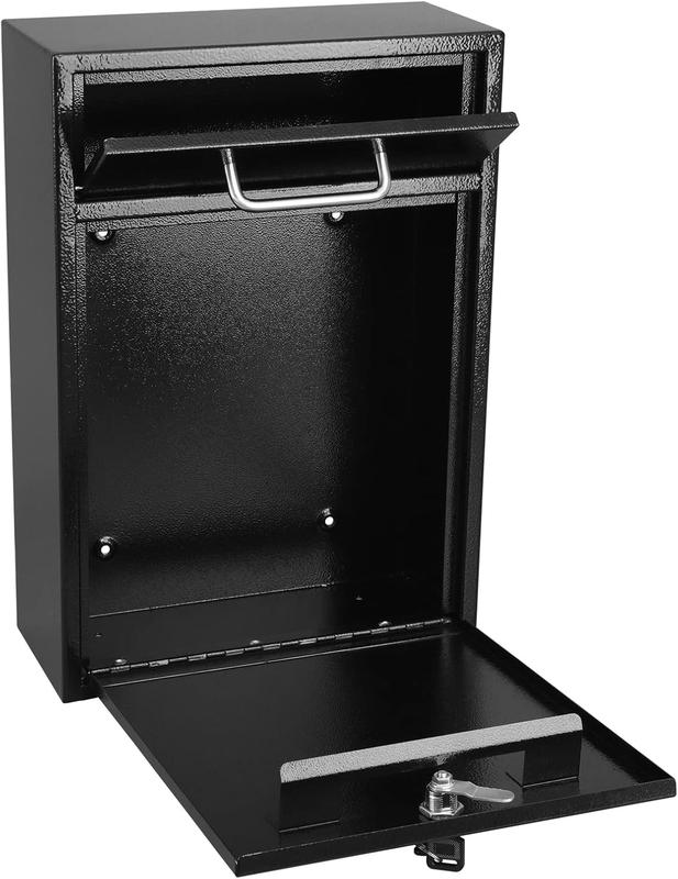 Metal Mailbox Wall Mount, Large Locking Mailbox with Key Lock, Hanging Secure Postbox,  Key Drop Box, Collection Boxes, Black, 17.6H x 12.2L x 5.7W Inches, XL Large