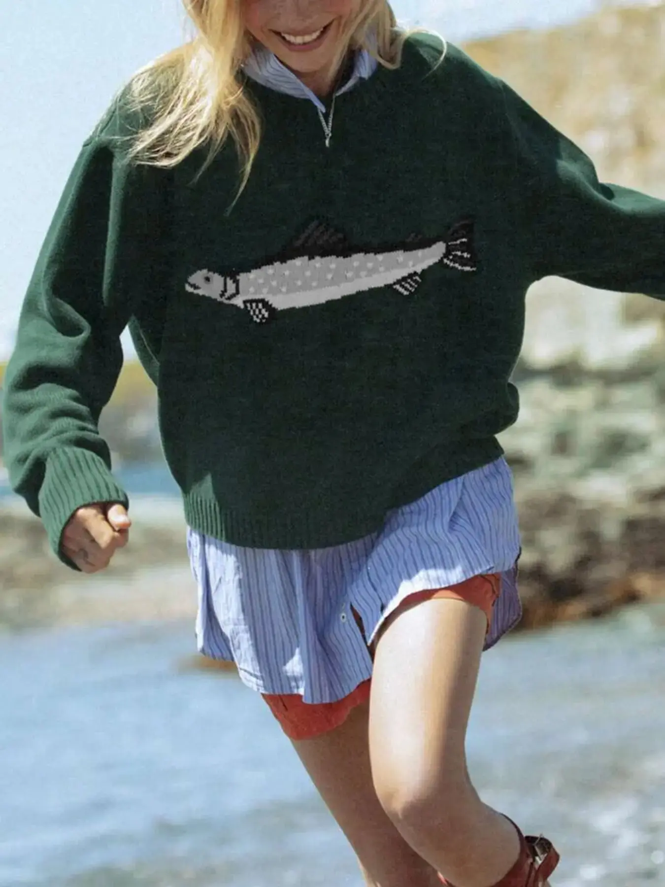 Women's Fish Shark Animal Pattern Y2K Long Sleeve Round Neck Loose Fit Vintage Knit Graphic Crewneck Sweater Pullover, Casual Everyday Spring & Fall Fashion, Moderate Fabric Thickness, Oversized Knitwear Womenswear