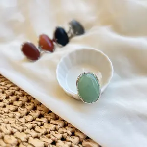 Boho Style Big Natural Stone Ring, Large Oval Gemstone Ring, Green Aventurine, Goldstone, Black Carnelian, Labradorite, Jasper