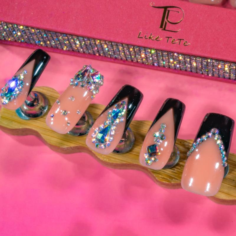 LikeTeTe  Sparkling Rhinestone salon Nails – French Tips with Chunky Crystals | Festival & Party Nail Set” Reusable Handmade Iridescent Glitter