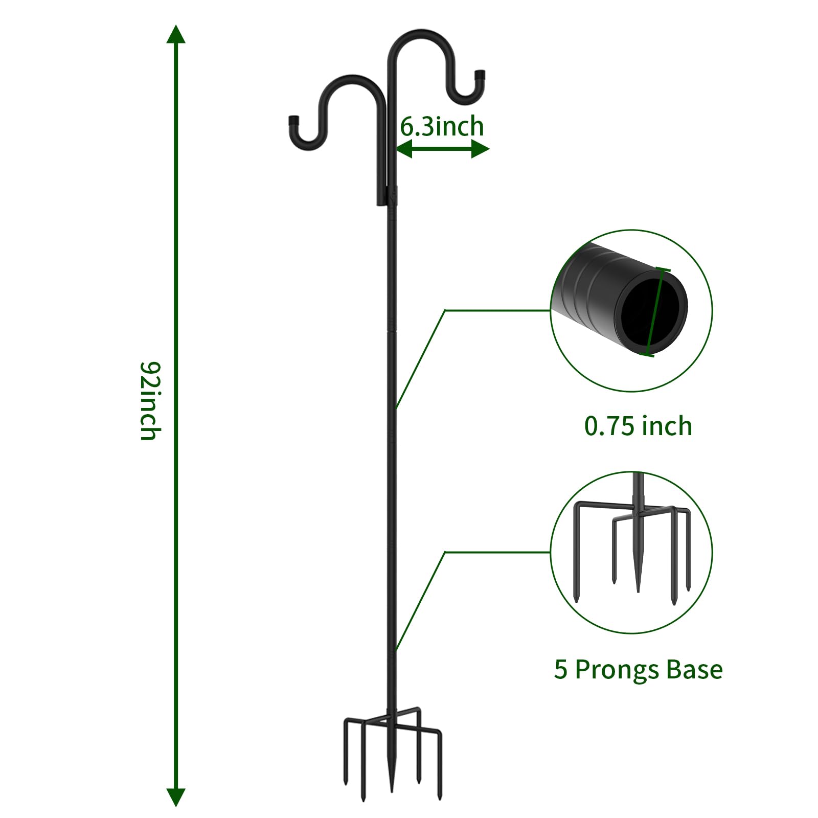 Double Shepherds Hooks for Outdoor,62 Inch/76 Inch/92 Inch, 2-Pack Heavy Duty Garden Pole for Hanging Bird Feeder, Plant Baskets, Solar Light Lanterns, Garden Plant Hanger Stands with 5 Base Prongs