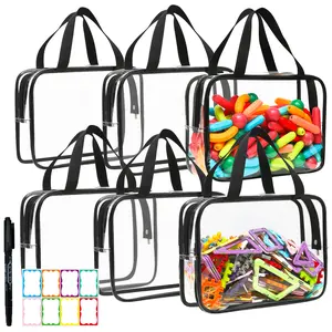 6-Pack Clear Toy Storage Bags with Labels | Waterproof Travel Bags for Building Blocks, Puzzles (Black)