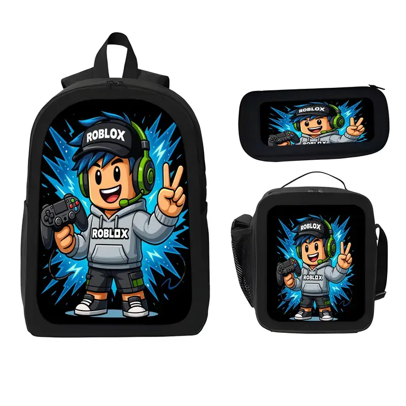 3-Piece Cartoon Print Backpack Set, Unisex School Bag with Crossbody Lunch Bag and Pencil Case for Kids' Travel & Camping, 3Pcs Set
