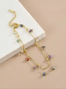 Women's Stainless Steel Anklet Bracelet, Colorful Stone Design, Boho Inspired, Boho Style Jewelry, Double Layered, Casual Jewelry Accessory for Women & Girls, Beach Party Wear, Beads, Stainless Steel Chain