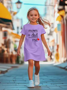 Girls' Summer Casual Dress, Breathable Short Sleeve Letter Pattern, Fitted Kids Fashion, Comfortable for Home and Outdoor Activities
