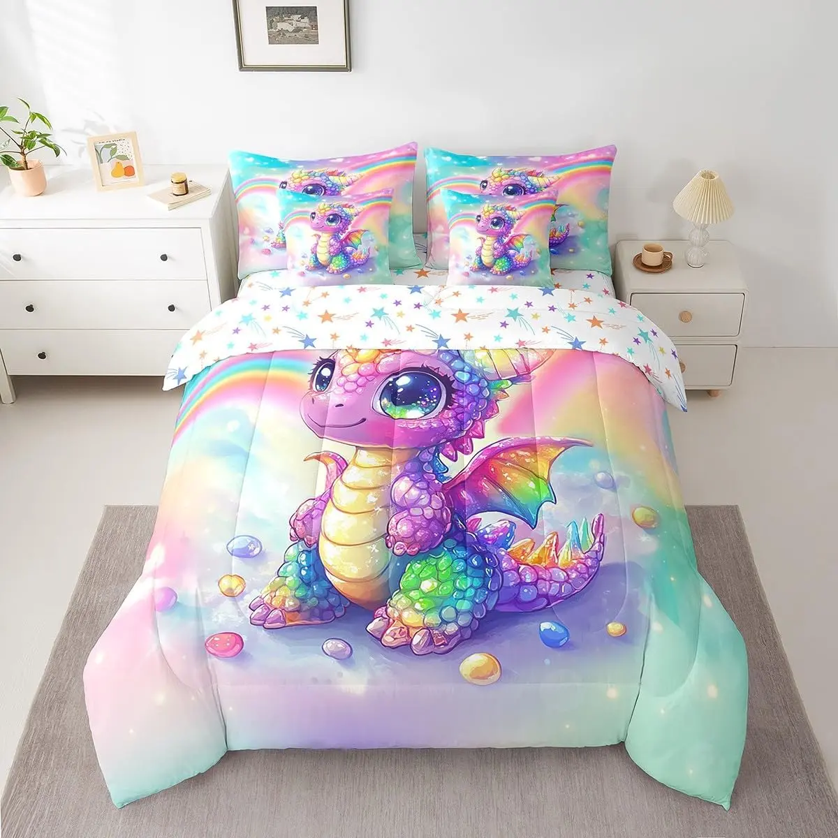 Dragon Comforter Set with Sheets Dragon Stuff Bed in a Bag Cute 7 Pieces Bedding Set Dragon Decor Bed Set Room Decor Multicolored