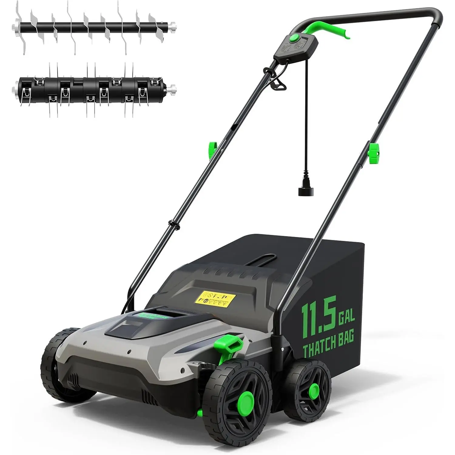 14-Inch 13.5 Amp 2-in-1 Electric Dethatcher and Scarifier with 11.5-Gallon Collection Bag, Lawn Dethatcher with 5-Position Depth Adjustment,  Replacement Without Tool - Green