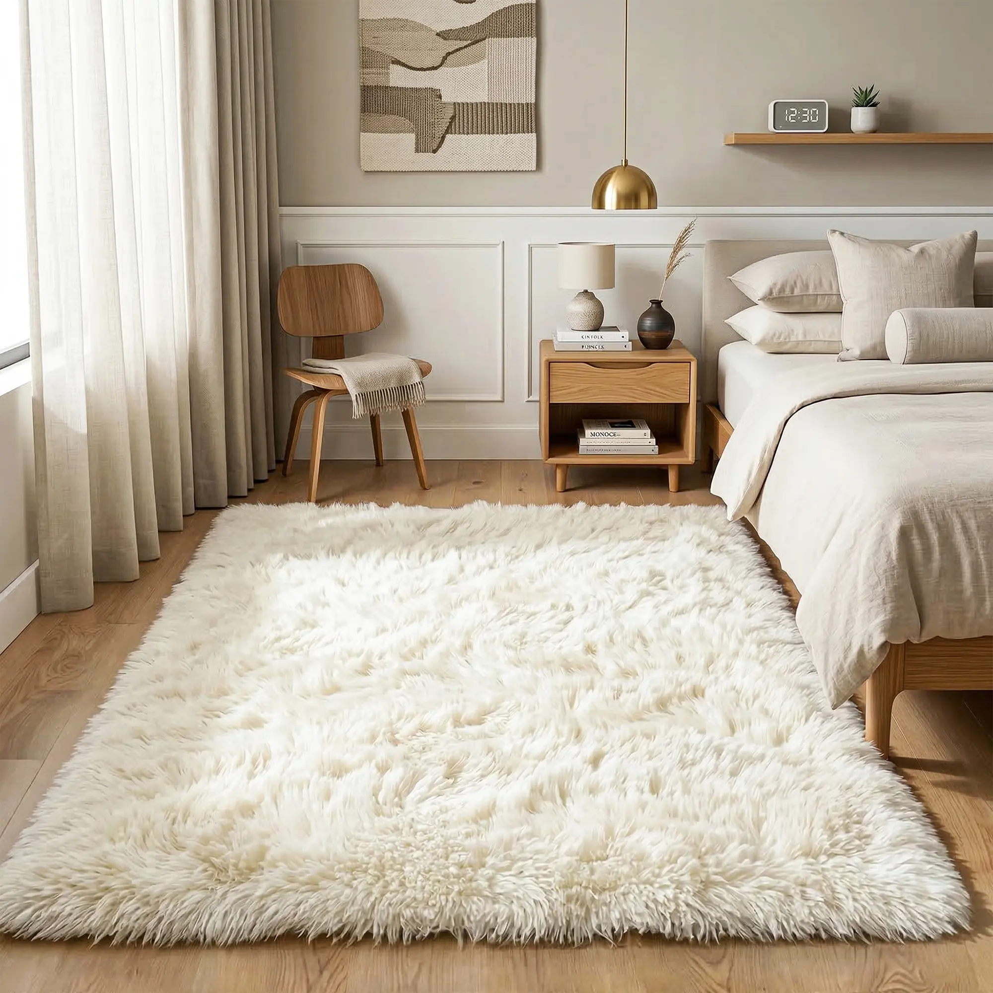COLLA Cream White Ultra-Soft Fluffy Polyester Fiber Plush Area Rug - Durable, Non-Slip, Cozy Warmth Indoor Carpet for Bedroom, Living Room Room Decor