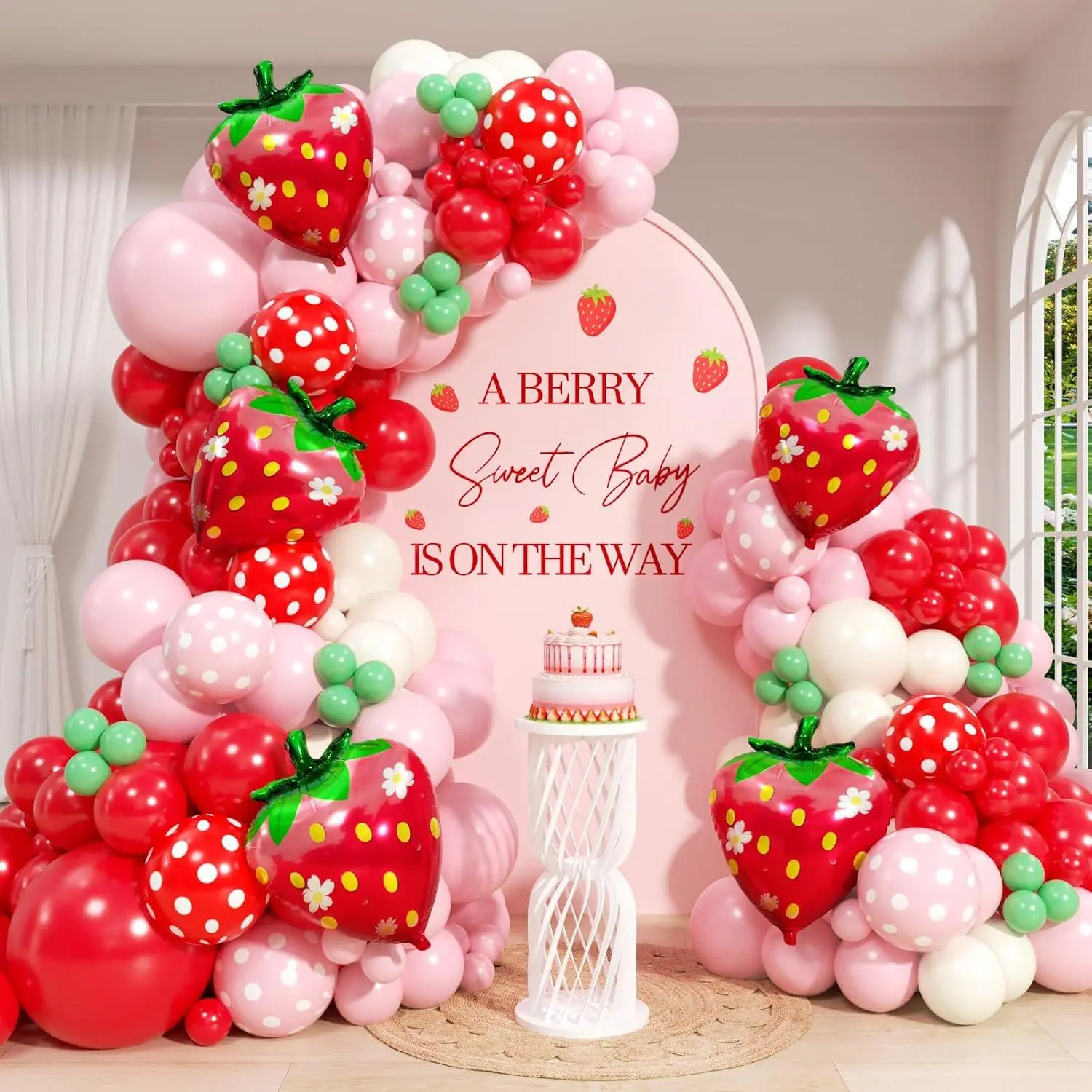 120Pcs Strawberry Balloon Arch Kit With Red Pink Sand White Light Green Print Foil Strawberry Balloons For Baby Shower Birthday Party Decorations