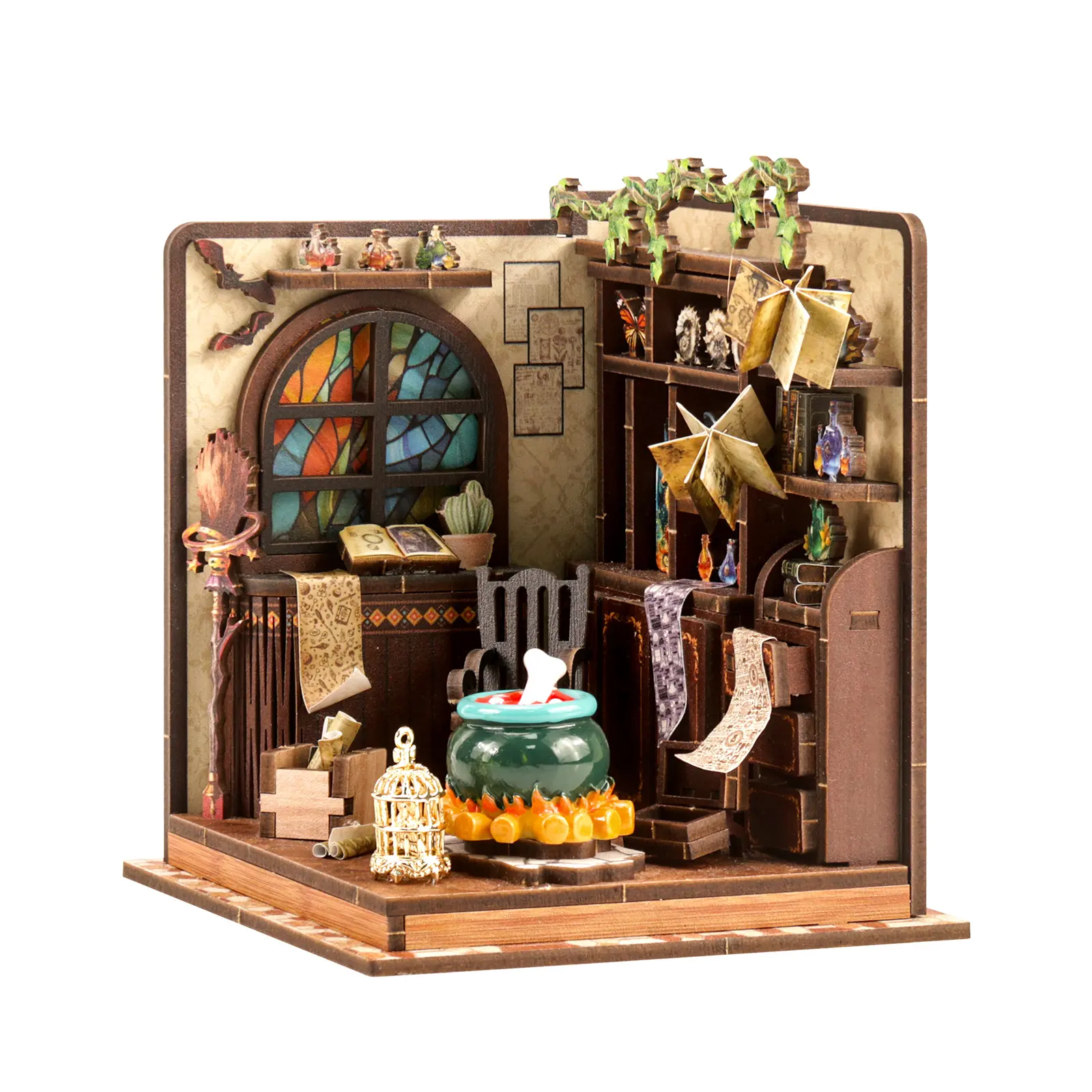 Magic Potion Workshop DIY Miniature House Kit | 92 Pcs 3D Wooden Puzzle | Witch Alchemy Room with Cauldron & Birdcage | Collectible Desk Decor for Adults Teens 14+