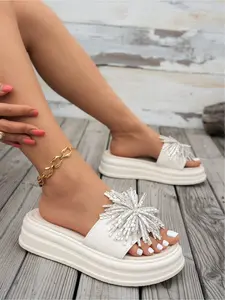 White Rhinestone Fireworks Slides for Women, Platform Open-Toe Sandals, Footwear for Work & Date Night