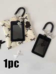 Sweet Trendy Heart Decor PU Card Holder Id Badge Holder Keychain Set, Durable PU Leather with Visual ID Window, Anti-Lost Spring Lanyard for Everyday Use