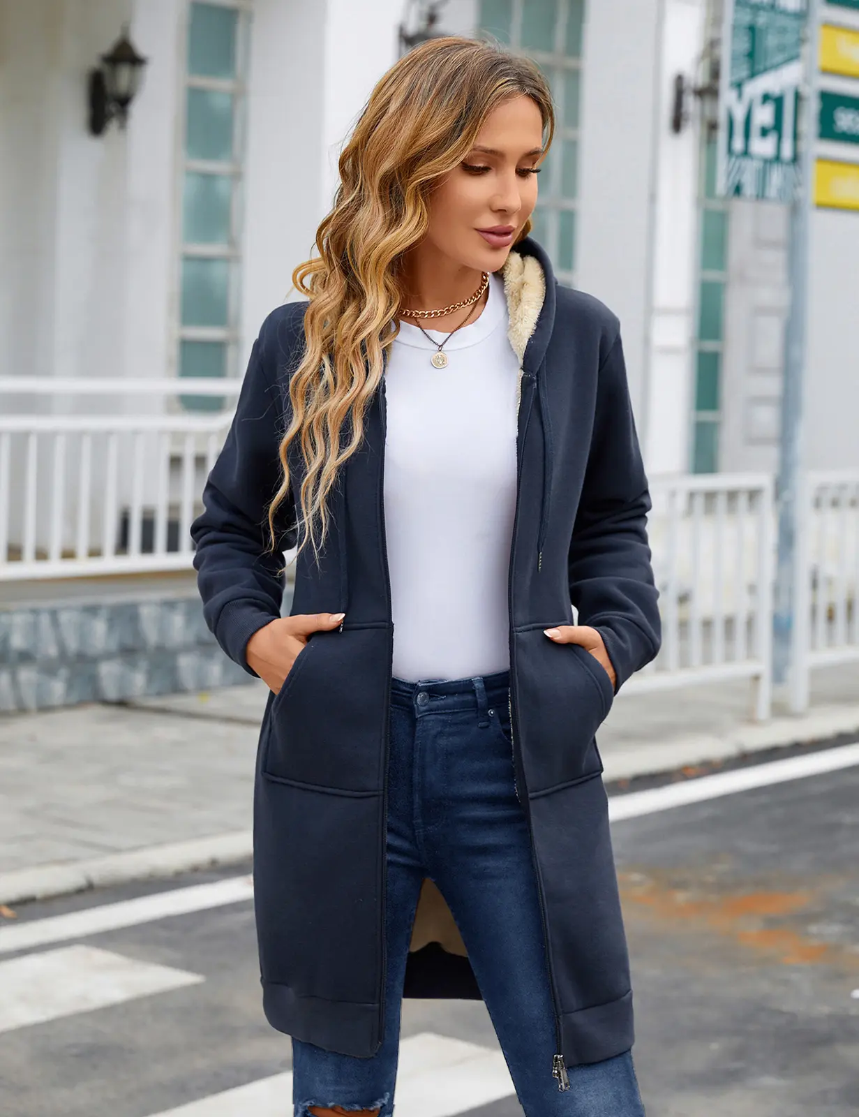 Women's Basic Long Hoodie Jacket, Casual Sherpa Lined Fleece Winter Coat with Pockets, Full Zip Up Tunic Sweatshirt, Long Sleeve, Tops