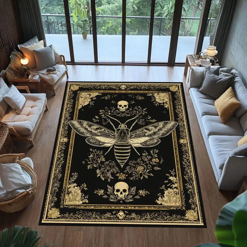 Death Moth Rug, Gothic Skull and Floral Carpet, Occult Mystical Washable Area Rug, Dark Academia Witchy Decor for Living Room