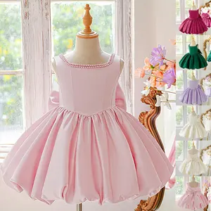 Beading Big Bow Kids Clothes 6030 Pink Flower Girls Frock Ball Gown Children Princess Prom Host Formal Party Banquet Cocktail Dress 3-8Y