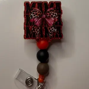 Mama Bow Belt Clip Badge Reel with Leopard Print Design and Colorful Beads