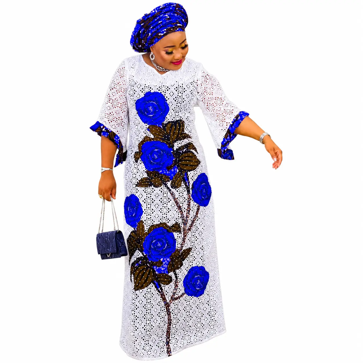 Elegant Blue Rose Embroidered Long Dress with Sequin Details and Matching Turban for Women