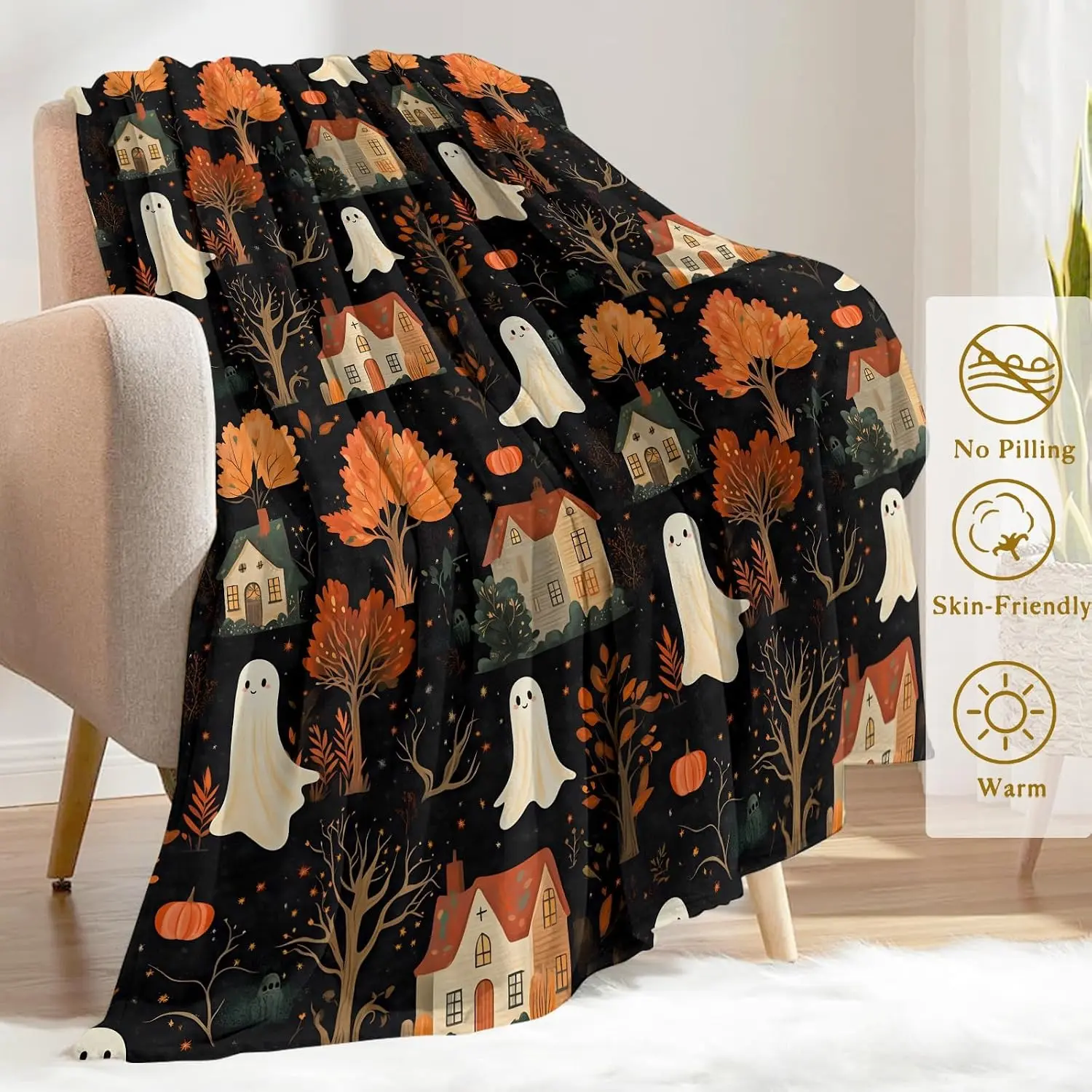 Black Background Cute Floating Ghost Autumn Maple Leaf Cottage House Pumpkin Fleece Blanket Cozy Cottagecore Halloween Seamless Repeat Pattern Throw Ultra Soft Flannel Bedding Fall Seasonal Home Decor Gift