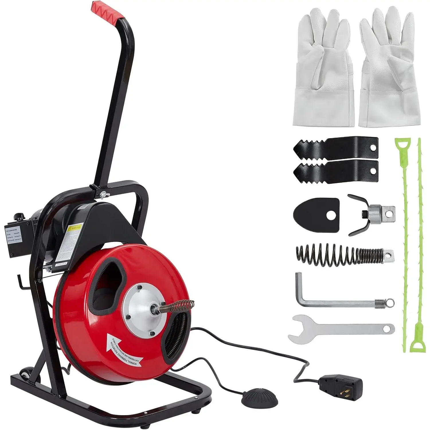 Drain Cleaner Machine 50 ft x 1/2 in Sewer Auger Elctric Drain Auger Sewer Snake with 4 Cutter, Air-Activated Foot Switch, Gloves (K300F)