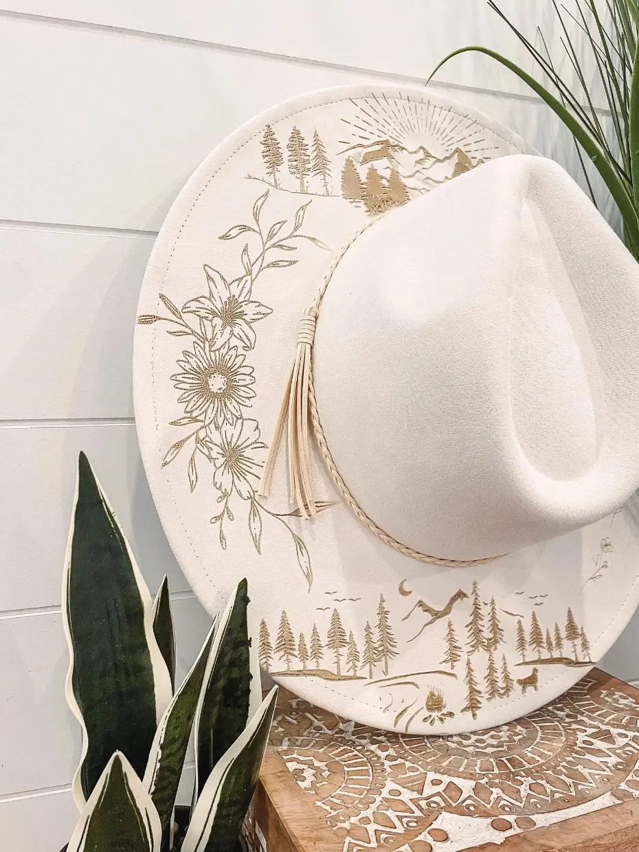 Mountain Theme Burned Hat, Floral Engraved Cowboy Hat  display picture 2