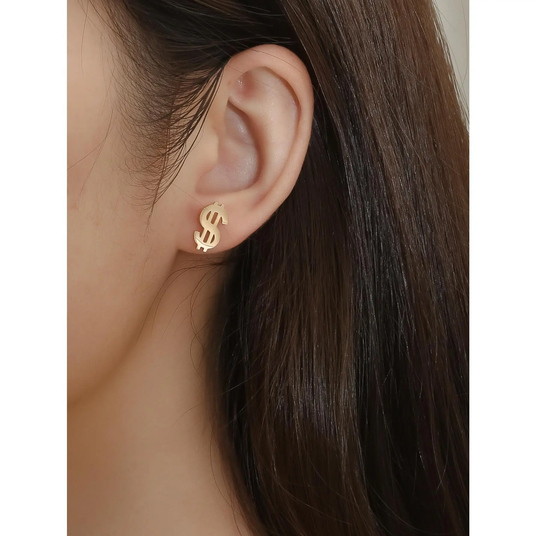 Stylish Dollar Sign Stud Earrings, Unisex Stainless Steel Gold-Tone Button Jewelry for Daily Casual Wear, Money Symbol