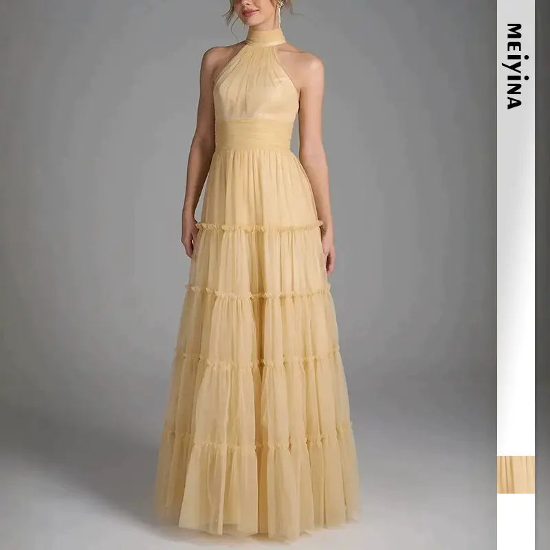 2026 New European And American French Style Halter Neck Mesh Heavy Duty Puffy Big Swing Dress For Women Elegant Evening Party Prom Gown Daily Wear Vacation Outfit