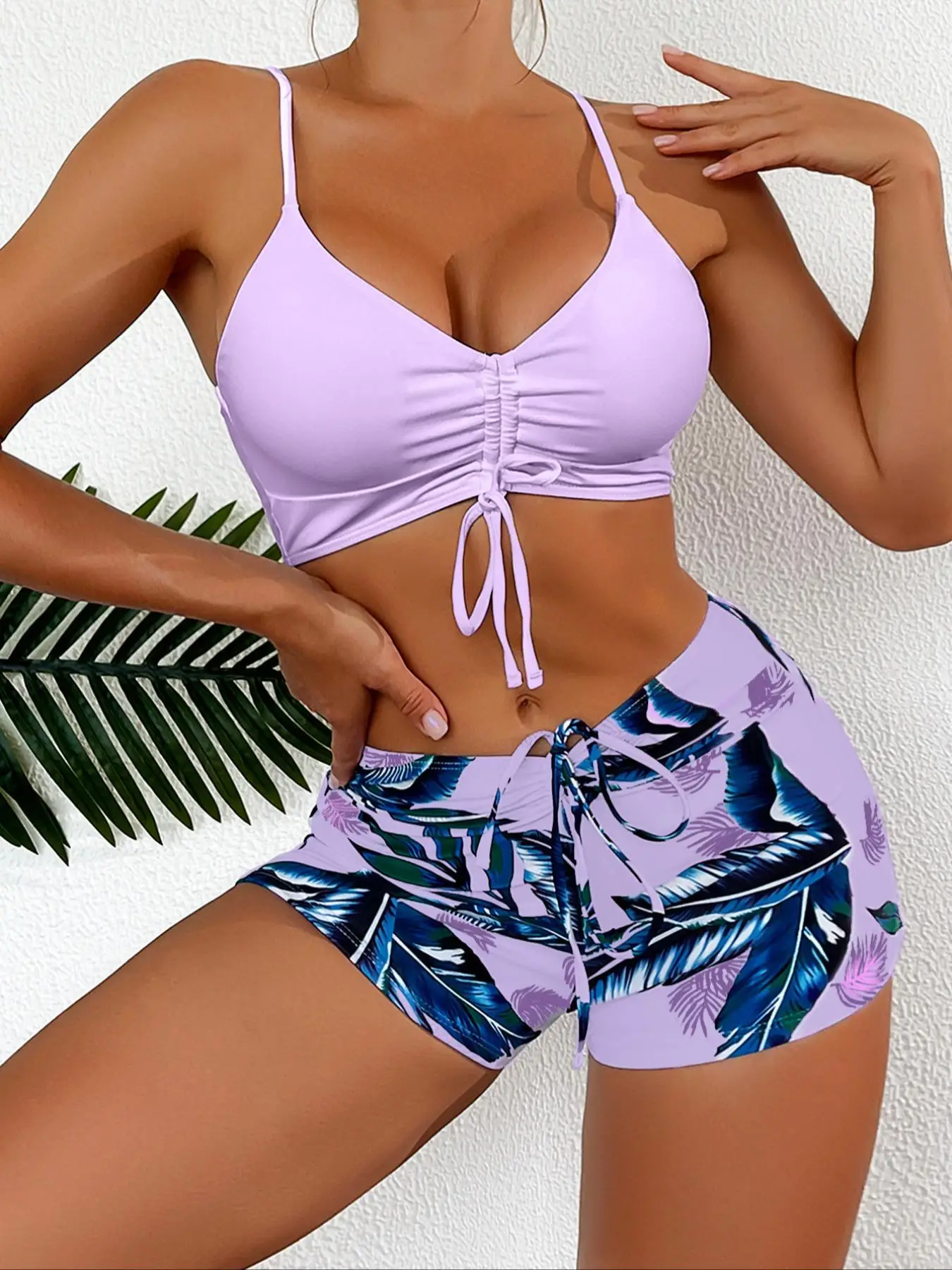 2 Piece Set Women's Drawstring Ruched Bikini Set, Casual Adjustable Strap Swim Top & Tropical Print Leaf Print Swim Shorts, Ladies Bikinis for Summer,