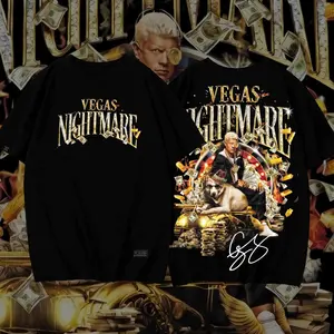 "VEGAS NIGHTMARE Oversized Washed T-Shirt  Cody Rhodes & His Dog in Luxury Casino Style – Double Sided Design with Gold Diamond Letters. Heavy Vintage Streetwear Drop  #WrestleMania #VEGAS"