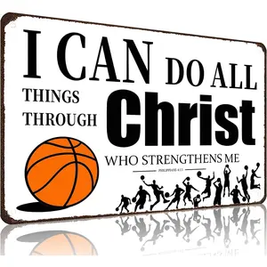 Funnysign Basketball Gifts I Can Do All Things Through Christ Philippians 4:13 Inspirational Bible Verse Tin Sign for Boys Room Man Cave Bedroom Living Room Decor 8 x 12 Inches (Basketball), Artwork, Lightweight
