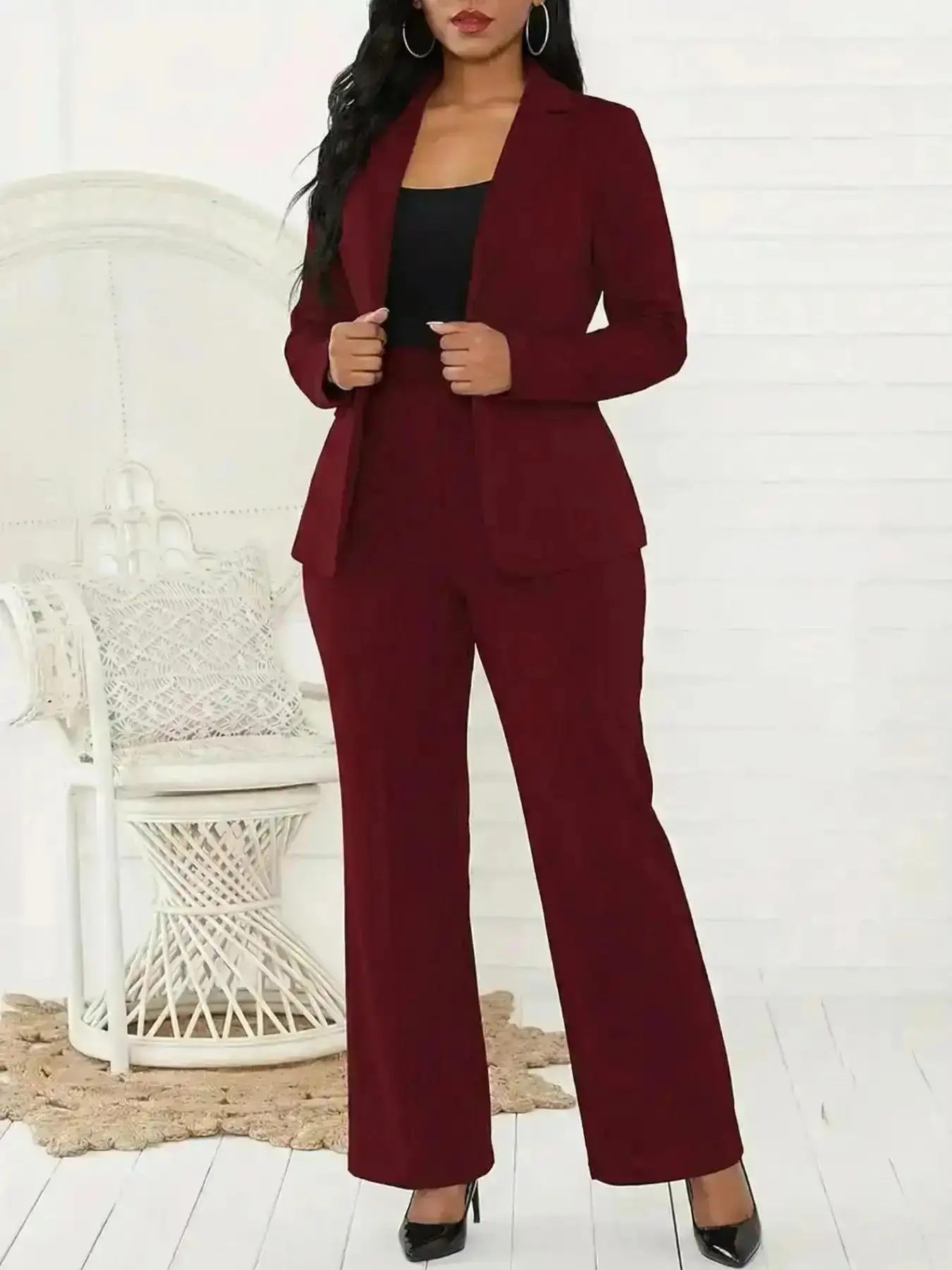 Women's Versatile Plus Size Fashion Casual Elegant Blazer Set, Suit, Long Sleeve Fitted Pants, Plain Pattern, All Seasons Wear, H Type Silhouette Comfortable Women Professional Lightweight Everyday Relaxed, summer ready