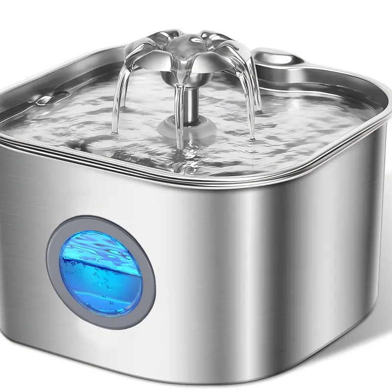 87oz (2.6L) Food Grade 304 SS Cat Water Fountain Bowl, Flower Spout USB Power Supply Automatic Dispenser with Water Window, Quiet Pump, Easy to Clean, Stable Circulation Indoor Hydration Tool for Cats (Not Smart Devices)