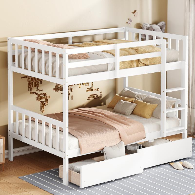 Twin Over Twin Rubber Wood Bunk Bed Frame with 2 Storage Drawers, Convertible into 2 Twin Beds, Twin Size Bunk Bed with Ladder and Safety Guardrails