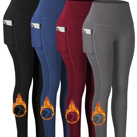 4pcs Women's High-Waisted Long Thickened Leggings with Fleece for Fitness Running Compression Pants with Pockets Butt Lift Tummy Control Slimming Yoga Pants Womenswear Bottom Basic Minimalist