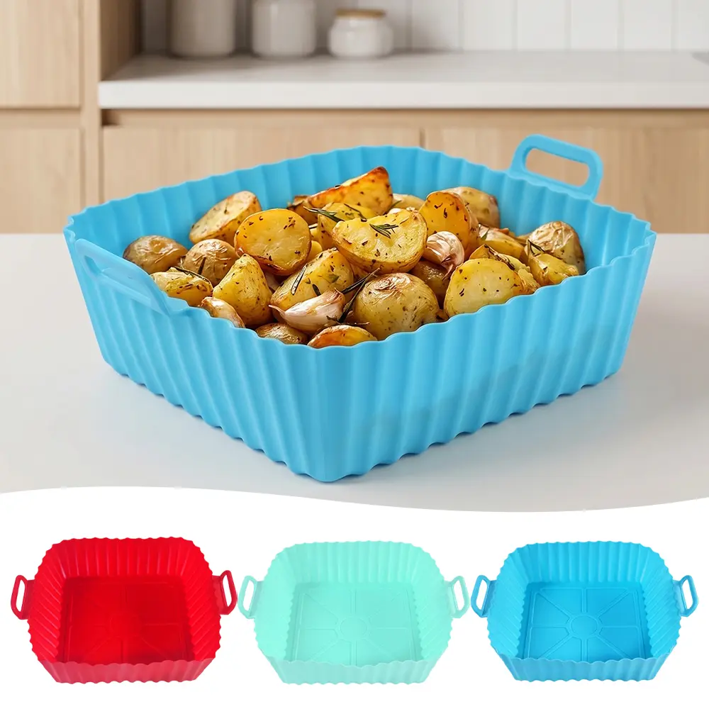 3-Pack Reusable Food-Grade Silicone Air Fryer Liners - Kitchen Accessory, Flexible, Eco-Friendly, Heat-Resistant, Cost-Saving Non-Stick Square Pots for Air Fryers, Ovens, Everyday Kitchen Use, 2-Pack Square Set, 3–5 Qt, Thick 0.15Mm Build, Tear-Resistant,