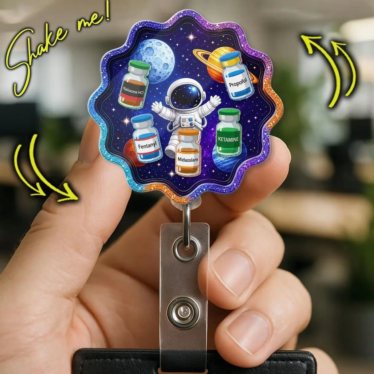 Space Anesthesia Shaker Badge Reel, CRNA Nurse Badge Holder, Astronaut Medical Retractable ID Clip Gift ABA