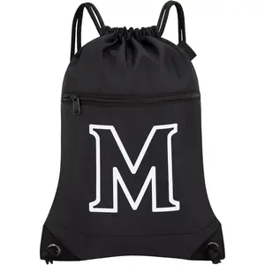 Drawstring Bags Initial Backpack Sackpack Cinch Bags for , Gym, Travel, Beach, Letter (Black-M)