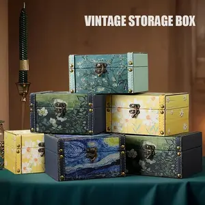 Vintage Nordic Floral Wooden Storage Box Multifunctional Dustproof Jewelry Cosmetics Organizer Faux Leather Lining Desktop Decorative Gift Box for Home Office