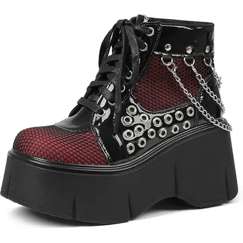 AOSPHIRAYLIAN Women's Goth Chunky Ankle Boots - Cross Decor Chain, Platform Sole, Zip, Round Toe, Lace-Up, Wedge, Black/Red Punk Party Fabric Shoes - Classic, Rubber Sole, Clearance Sale, Festival Wear, Casual All-Season Women's Footwear
