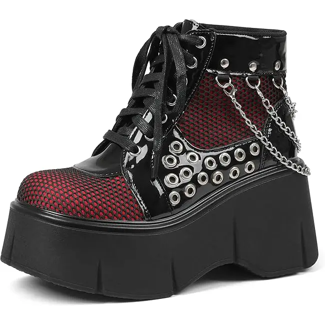 AOSPHIRAYLIAN Women's Goth Chunky Ankle Boots - Cross Decor Chain, Platform Sole, Zip, Round Toe, Lace-Up, Wedge, Black/Red Punk Party Fabric Shoes - Classic, Rubber Sole, Clearance Sale, Festival Wear, Casual All-Season Women's Footwear