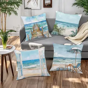 Ocean Themed Cushion Cover, 4 Counts/set Colorful Beach Pattern Throw Pillow Cover, Household Decoration Supplies for Home Living Room Bedroom