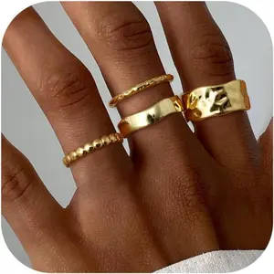 Fansilver 4pcs Stackable Rings Chunky Gold Plated Rings for Women Non Tarnish Dainty 14K Gold Plated Stacking Thumb Rings Set Trendy Gold Wedding Band Ring Size 5-11