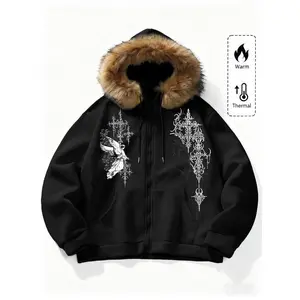 Neutral Gothic Angel Printed Hoodie Jacket with Wool Lining, Zipper Design, Street Fashion, Warm Fashion, Outdoor and Daily, Couple's Wear, Warm Clothing, Gothic Style Wearing
