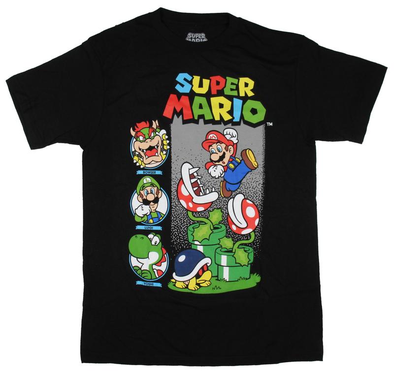 Super Mario Bros Men's Mario Watch Out Piranha Plant Bowser Luigi and Yoshi Portrait Short-Sleeve Adult T-Shirt