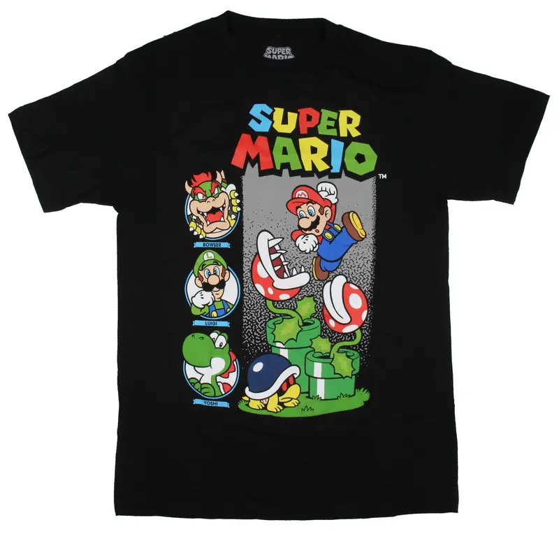 Super Mario Bros Men's Mario Watch Out Piranha Plant Bowser Luigi and Yoshi Portrait Short-Sleeve Adult T-Shirt