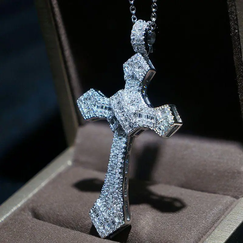 925 Silver Moissanite Cross Pendant Necklace, Hip Hop Glitter Style Jewelry for Men and Women, 50cm Daily Casual Chain, Gift-Ready, Long, Cross Shape, Valentine's Day