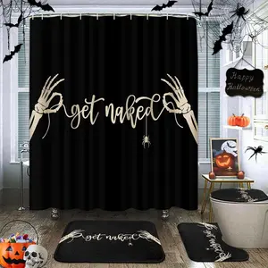 Skeleton Dead Spooky Bathroom Set with Shower Curtain and Rug and Accessories, Love Rock Halloween Black Shower Curtain Set for Bathroom Decor 4 Pcs