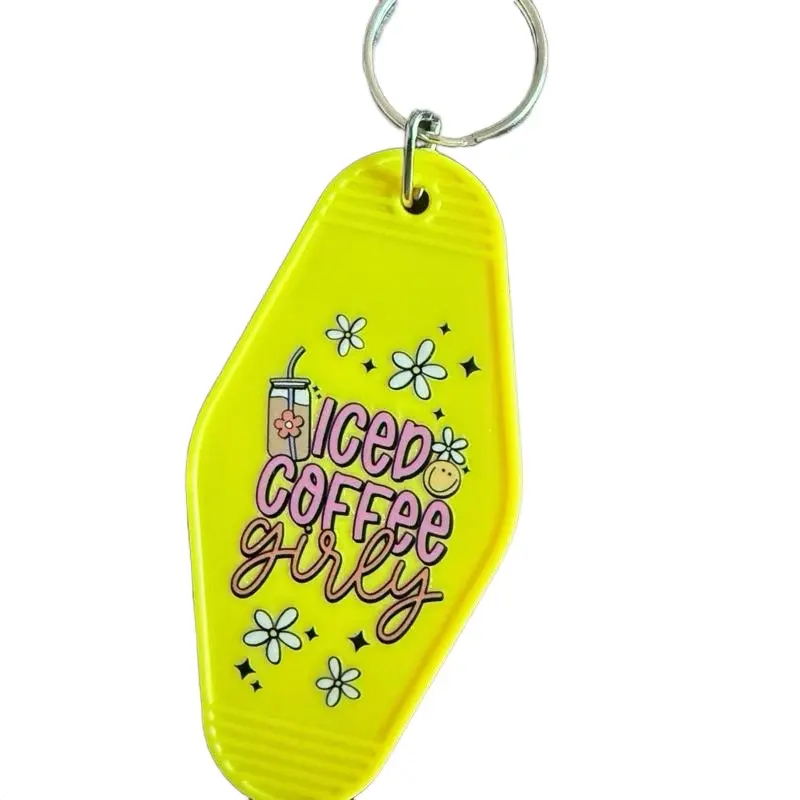 Sassy Acrylic Keychain - Yellow Design with "ICED COFFEE GIRL" Text and Floral Graphics