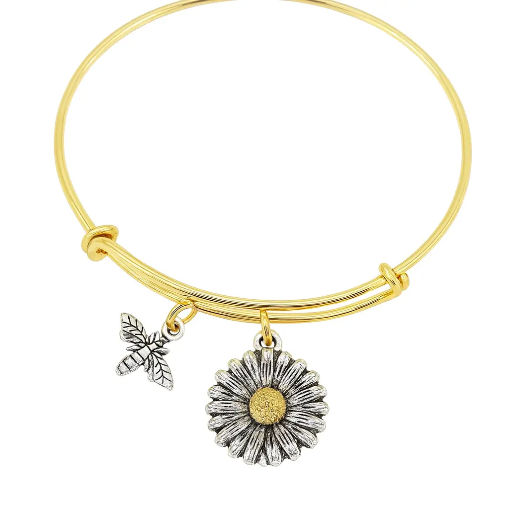 Gold Daisy and Bee Charm Bangle Bracelet – Adjustable Gold Plated