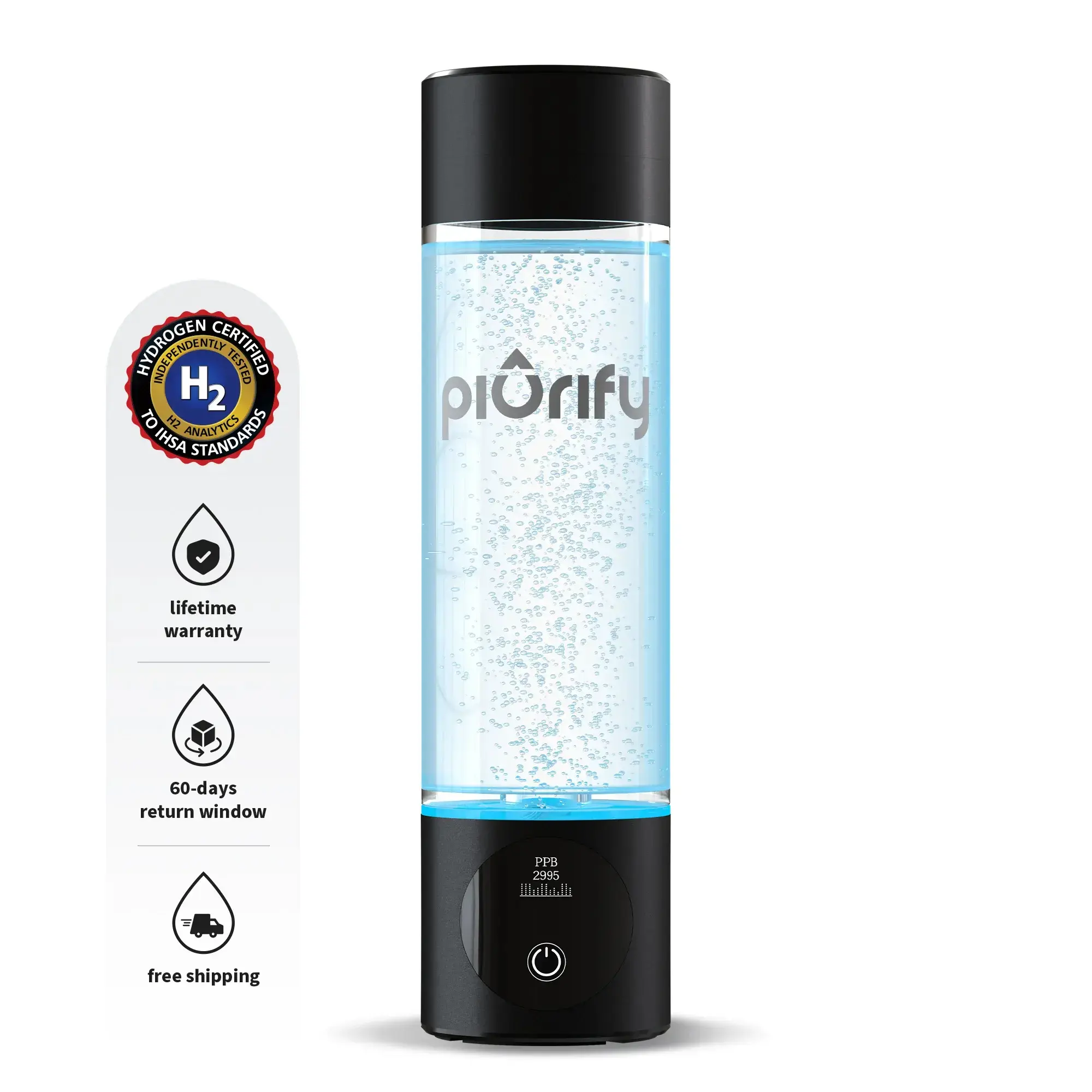 PIURIFY Hydrogen Rich Portable Water Bottle 3000ppb - Hydrogen-Rich Water with Antioxidant Properties, Durable Design, and OLED Screen for Hydration